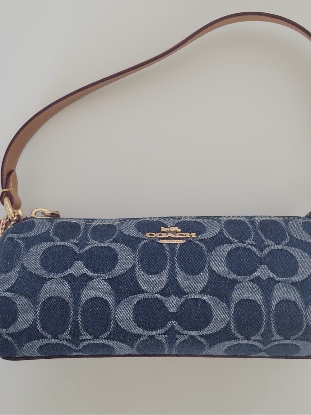 Coach Denim Signature Shoulder Bag with Tan Strap